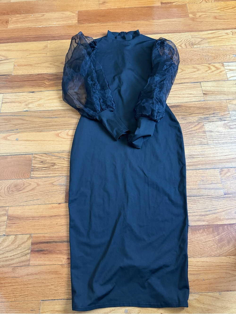 Sheer Lantern Style Sleeve Bodycon Mock Neck Dress